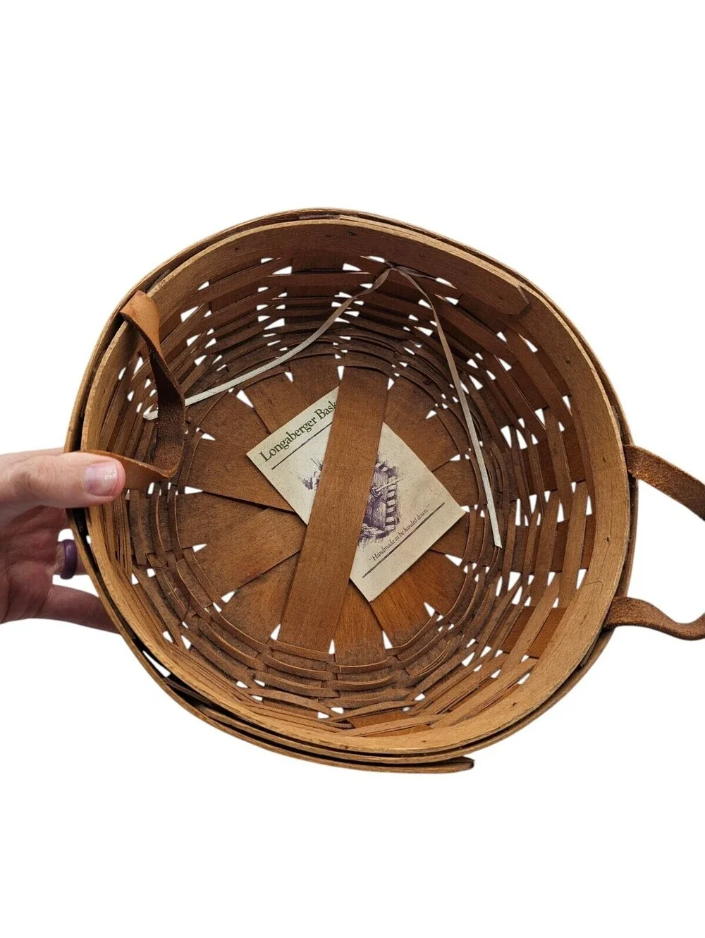 vintage Longaberger round darning basket with leather handles